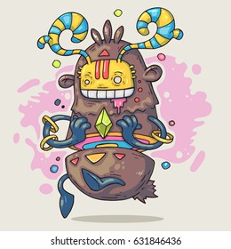 Cartoon funny monster with emerald. Cartoon illustration in comic trendy style.