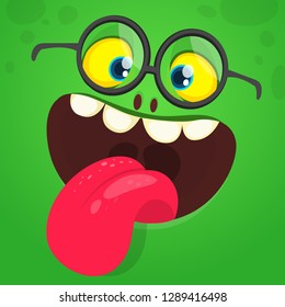 Cartoon funny monster face with eyeglasses  showing tongue. Vector illustration