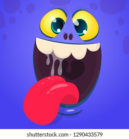 Cartoon funny monster face showing tongue. Vector illustration