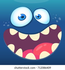 Cartoon funny monster face. Vector Halloween blue monster avatar with wide smile
