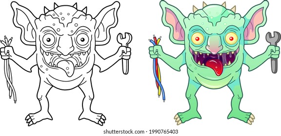 Cartoon Funny Monster Gremlin, Coloring Page, Outline Illustration