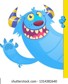 Cartoon funny monster holding empty placard, banner or paper sheet