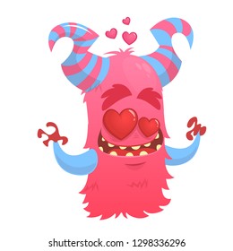 Cartoon funny monster in love. St Valentines monster. Illustration Of Loving Monster And Hearts. 