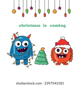 Cartoon funny monster standing in Santa Claus Hat. Christmas or New Year illustration