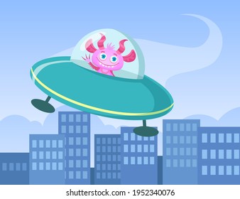 Cartoon funny monster travelling in flying saucer. Flat vector illustration. Cute colorful creature character flying above city in spaceship. Fairytale, magic animals concept for children design, apps