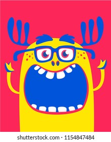 Cartoon lustiges Monster. Vektor Halloween gelbes cooles Monster. Große Menge an Monster-Gesichtern. Paketdesign