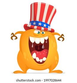 Cartoon funny monster wearing American uncle Sam hat on USA Independence Day . Vector illustration of alien creature character. Design for print, poster or invitation to 4th of July holiday