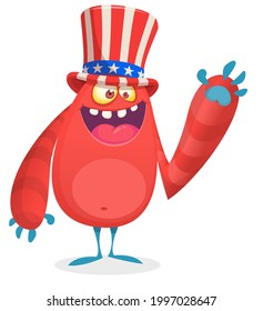 Cartoon funny monster wearing American uncle Sam hat on USA Independence Day . Vector illustration of alien creature character. Design for print, poster or invitation to 4th of July holiday