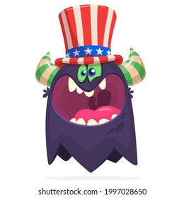 Cartoon funny monster wearing American uncle Sam hat on USA Independence Day . Vector illustration of alien creature character. Design for print, poster or invitation to 4th of July holiday