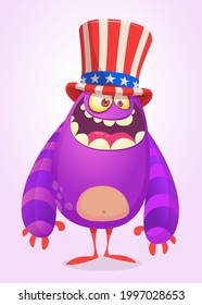 Cartoon funny monster wearing American uncle Sam hat on USA Independence Day . Vector illustration of alien creature character. Design for print, poster or invitation to 4th of July holiday