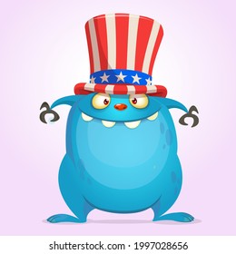 Cartoon funny monster wearing American uncle Sam hat on USA Independence Day . Vector illustration of alien creature character. Design for print, poster or invitation to 4th of July holiday