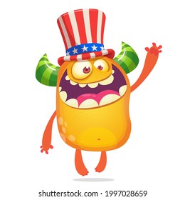 Cartoon funny monster wearing American uncle Sam hat on USA Independence Day . Vector illustration of alien creature character. Design for print, poster or invitation to 4th of July holiday