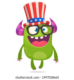 Cartoon funny monster wearing American uncle Sam hat on USA Independence Day . Vector illustration of alien creature character. Design for print, poster or invitation to 4th of July holiday