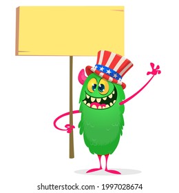 Cartoon funny monster wearing American uncle Sam hat on USA Independence Day . Vector illustration of alien creature character. Design for print, poster or invitation to 4th of July holiday