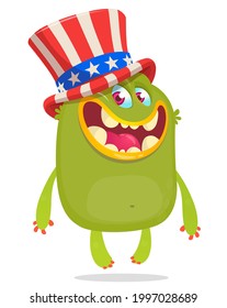 Cartoon funny monster wearing American uncle Sam hat on USA Independence Day . Vector illustration of alien creature character. Design for print, poster or invitation to 4th of July holiday