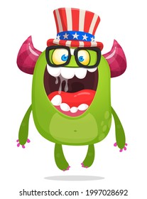 Cartoon funny monster wearing American uncle Sam hat on USA Independence Day . Vector illustration of alien creature character. Design for print, poster or invitation to 4th of July holiday