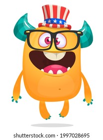 Cartoon funny monster wearing American uncle Sam hat on USA Independence Day . Vector illustration of alien creature character. Design for print, poster or invitation to 4th of July holiday