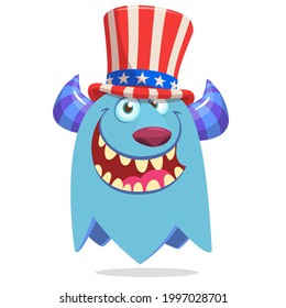 Cartoon funny monster wearing American uncle Sam hat on USA Independence Day . Vector illustration of alien creature character. Design for print, poster or invitation to 4th of July holiday