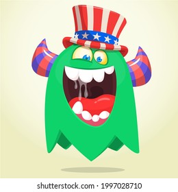 Cartoon funny monster wearing American uncle Sam hat on USA Independence Day . Vector illustration of alien creature character. Design for print, poster or invitation to 4th of July holiday