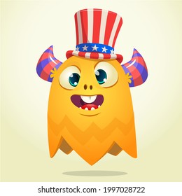 Cartoon funny monster wearing American uncle Sam hat on USA Independence Day . Vector illustration of alien creature character. Design for print, poster or invitation to 4th of July holiday