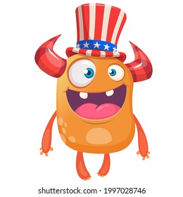 Cartoon funny monster wearing American uncle Sam hat on USA Independence Day . Vector illustration of alien creature character. Design for print, poster or invitation to 4th of July holiday