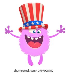Cartoon funny monster wearing American uncle Sam hat on USA Independence Day . Vector illustration of alien creature character. Design for print, poster or invitation to 4th of July holiday