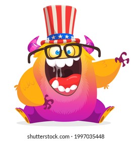 Cartoon funny monster wearing American uncle Sam hat on USA Independence Day . Vector illustration of alien creature character. Design for print, poster or invitation to 4th of July holiday