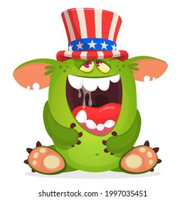 Cartoon funny monster wearing American uncle Sam hat on USA Independence Day . Vector illustration of alien creature character. Design for print, poster or invitation to 4th of July holiday