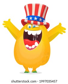 Cartoon funny monster wearing American uncle Sam hat on USA Independence Day . Vector illustration of alien creature character. Design for print, poster or invitation to 4th of July holiday