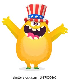 Cartoon funny monster wearing American uncle Sam hat on USA Independence Day . Vector illustration of alien creature character. Design for print, poster or invitation to 4th of July holiday