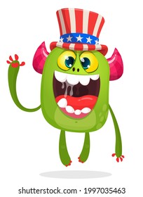 Cartoon funny monster wearing American uncle Sam hat on USA Independence Day . Vector illustration of alien creature character. Design for print, poster or invitation to 4th of July holiday