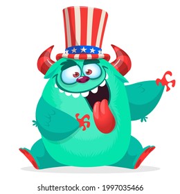 Cartoon funny monster wearing American uncle Sam hat on USA Independence Day . Vector illustration of alien creature character. Design for print, poster or invitation to 4th of July holiday