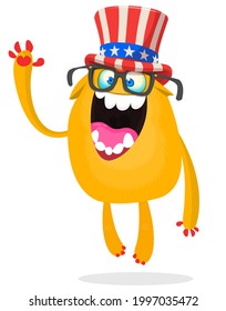 Cartoon funny monster wearing American uncle Sam hat on USA Independence Day . Vector illustration of alien creature character. Design for print, poster or invitation to 4th of July holiday