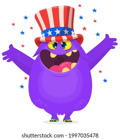 Cartoon funny monster wearing American uncle Sam hat on USA Independence Day . Vector illustration of alien creature character. Design for print, poster or invitation to 4th of July holiday