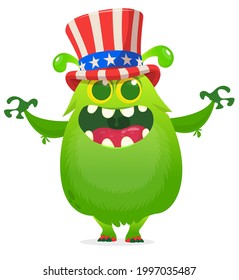 Cartoon funny monster wearing American uncle Sam hat on USA Independence Day . Vector illustration of alien creature character. Design for print, poster or invitation to 4th of July holiday