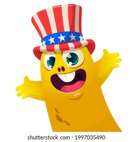 Cartoon funny monster wearing American uncle Sam hat on USA Independence Day . Vector illustration of alien creature character. Design for print, poster or invitation to 4th of July holiday