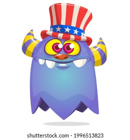 Cartoon funny monster wearing Amirican uncle Sam hat on USA Independence Day . Vector illustration of alien creature character. Design for print, poster or invitation to 4th of July holiday