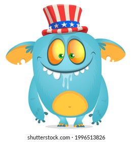 Cartoon funny monster wearing Amirican uncle Sam hat on USA Independence Day . Vector illustration of alien creature character. Design for print, poster or invitation to 4th of July holiday