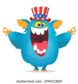 Cartoon funny monster wearing Amirican uncle Sam hat on USA Independence Day . Vector illustration of alien creature character. Design for print, poster or invitation to 4th of July holiday