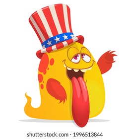 Cartoon funny monster wearing Amirican uncle Sam hat on USA Independence Day . Vector illustration of alien creature character. Design for print, poster or invitation to 4th of July holiday