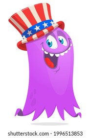 Cartoon funny monster wearing Amirican uncle Sam hat on USA Independence Day . Vector illustration of alien creature character. Design for print, poster or invitation to 4th of July holiday