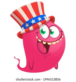 Cartoon funny monster wearing Amirican uncle Sam hat on USA Independence Day . Vector illustration of alien creature character. Design for print, poster or invitation to 4th of July holiday