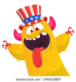Cartoon funny monster wearing Amirican uncle Sam hat on USA Independence Day . Vector illustration of alien creature character. Design for print, poster or invitation to 4th of July holiday