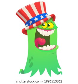 Cartoon funny monster wearing Amirican uncle Sam hat on USA Independence Day . Vector illustration of alien creature character. Design for print, poster or invitation to 4th of July holiday