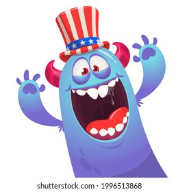 Cartoon funny monster wearing Amirican uncle Sam hat on USA Independence Day . Vector illustration of alien creature character. Design for print, poster or invitation to 4th of July holiday