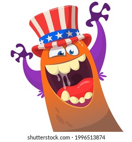 Cartoon funny monster wearing Amirican uncle Sam hat on USA Independence Day . Vector illustration of alien creature character. Design for print, poster or invitation to 4th of July holiday