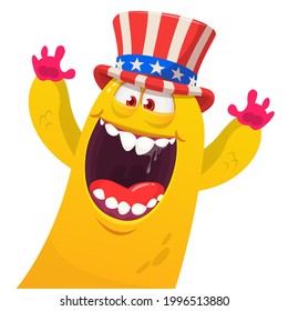 Cartoon funny monster wearing Amirican uncle Sam hat on USA Independence Day . Vector illustration of alien creature character. Design for print, poster or invitation to 4th of July holiday