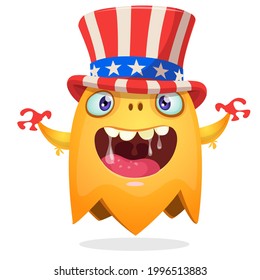 Cartoon funny monster wearing Amirican uncle Sam hat on USA Independence Day . Vector illustration of alien creature character. Design for print, poster or invitation to 4th of July holiday