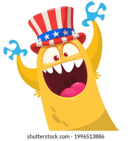 Cartoon funny monster wearing Amirican uncle Sam hat on USA Independence Day . Vector illustration of alien creature character. Design for print, poster or invitation to 4th of July holiday