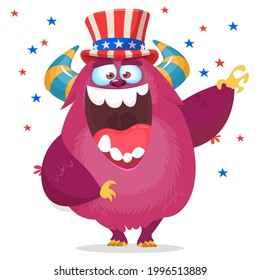 Cartoon funny monster wearing Amirican uncle Sam hat on USA Independence Day . Vector illustration of alien creature character. Design for print, poster or invitation to 4th of July holiday